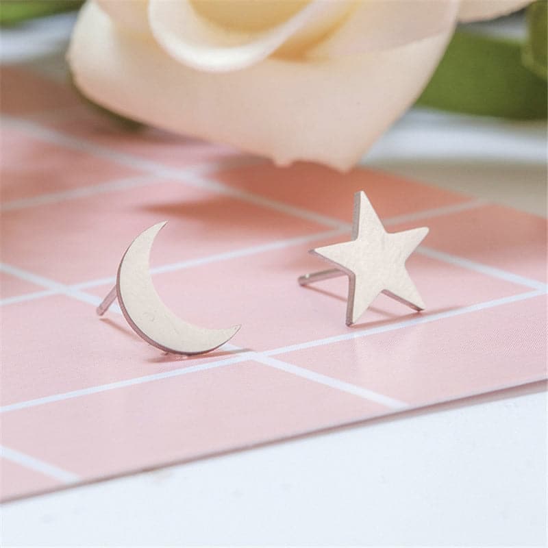Star & Crescent Moon Stud Earrings (Stainless Steel) - Sour Cherry