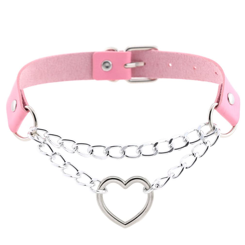 Pink faux leather choker-style necklace with silver plated chain and heart charm