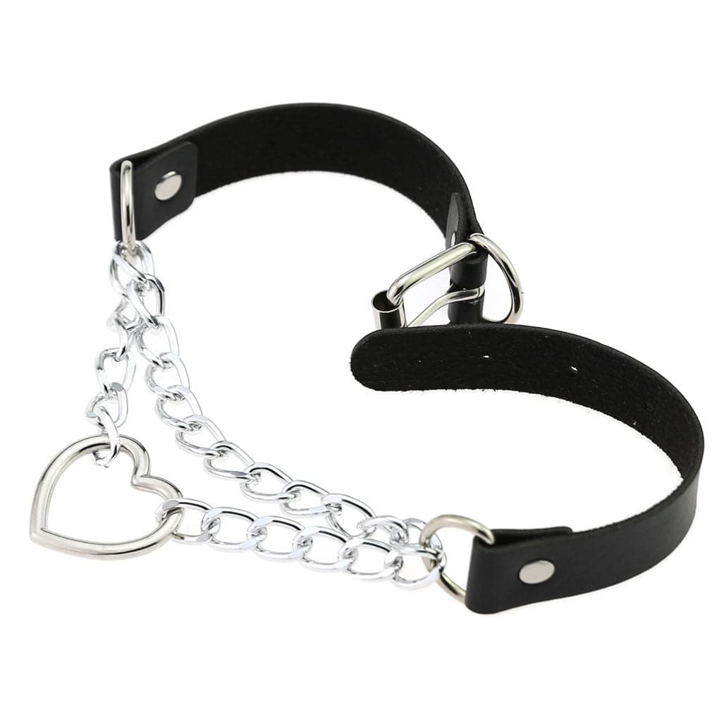 Faux Leather Double Chain Heart Choker (Black) - Sour Cherry