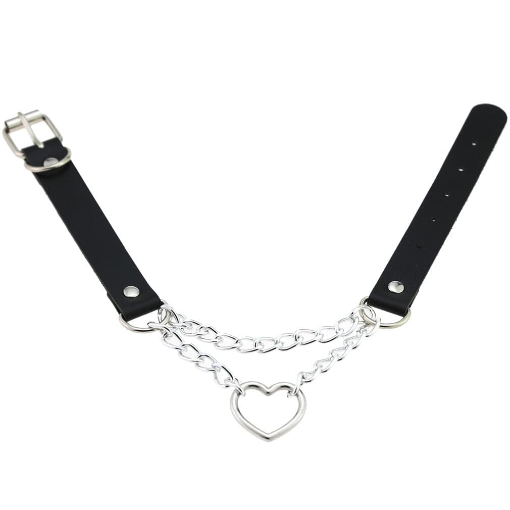 Faux Leather Double Chain Heart Choker (Black) - Sour Cherry