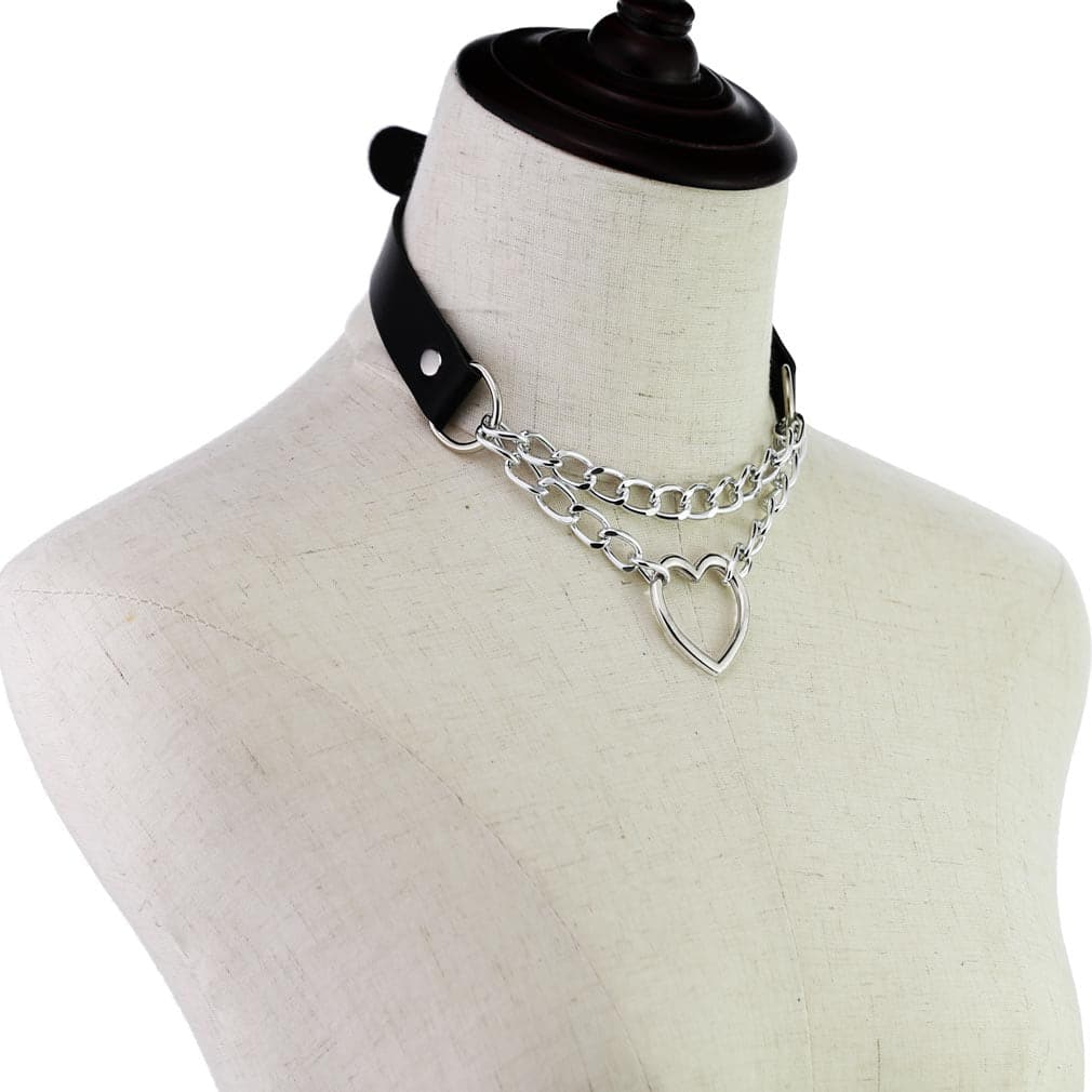 Faux Leather Double Chain Heart Choker (Black) - Sour Cherry