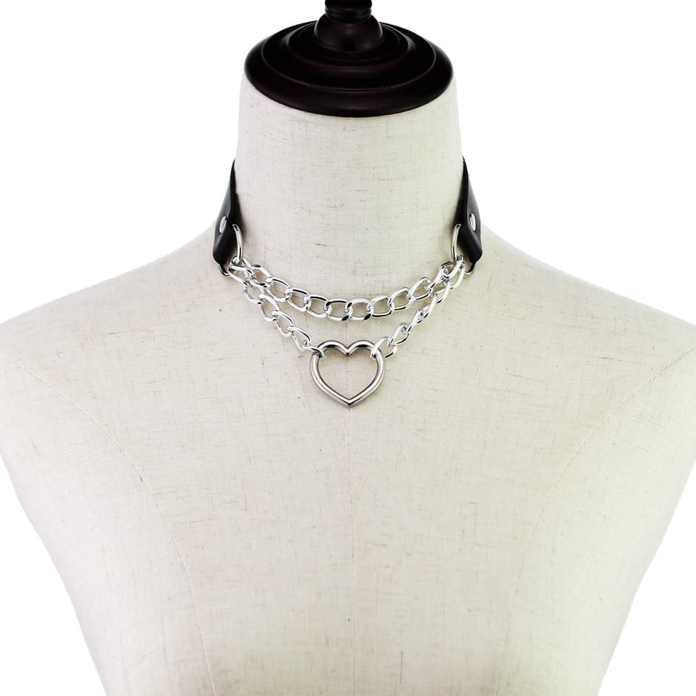 Faux Leather Double Chain Heart Choker (Black) - Sour Cherry