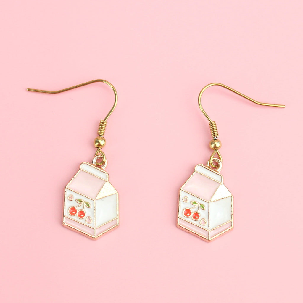 White and pink cherry milk carton charms on gold plated stainless steel earwires 