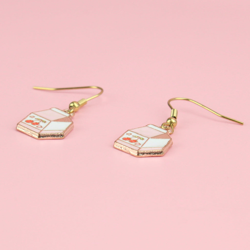 White and pink cherry milk carton charms on gold plated stainless steel earwires