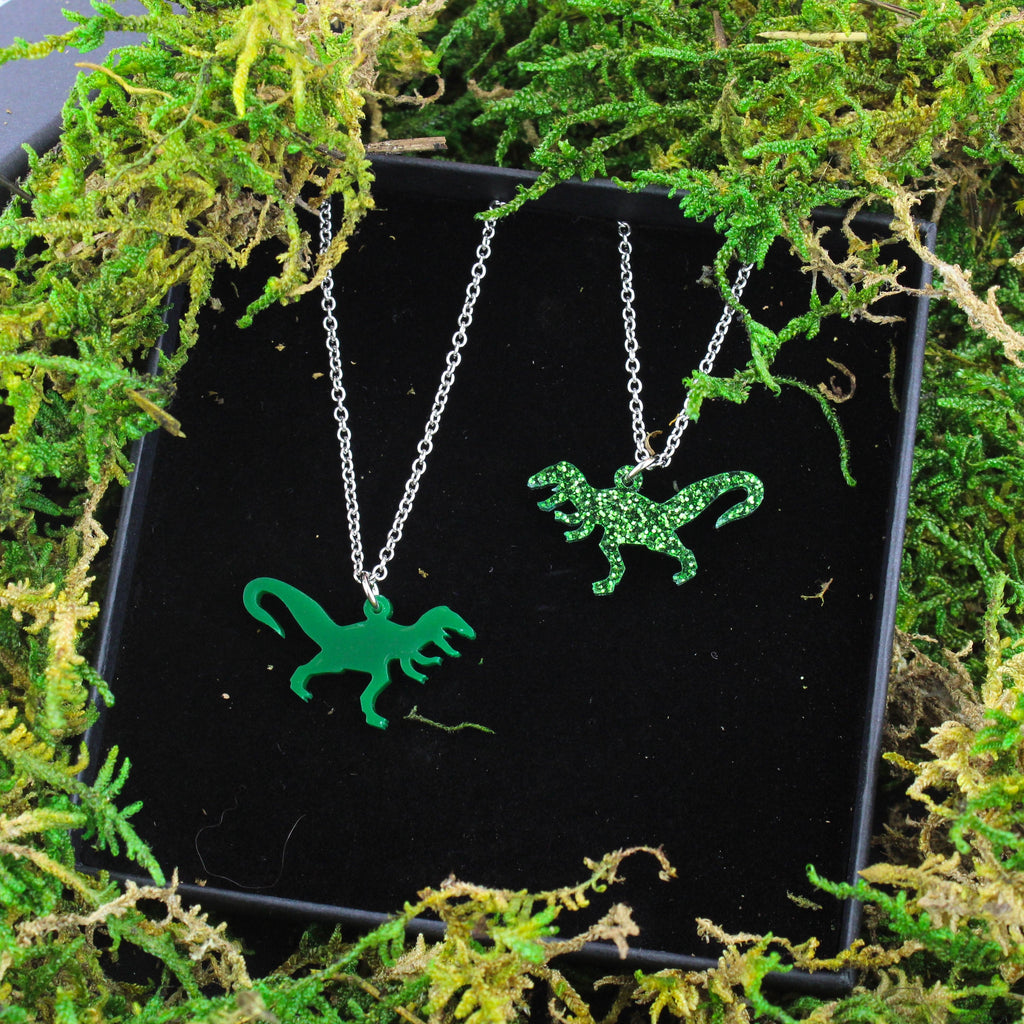 Glitter green Perspex T-Rex Charm on a Stainless Steel Chain - shown in a gift box