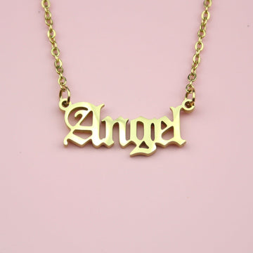 Gold plated stainless steel necklace with the word 'angel' written in a gothic font