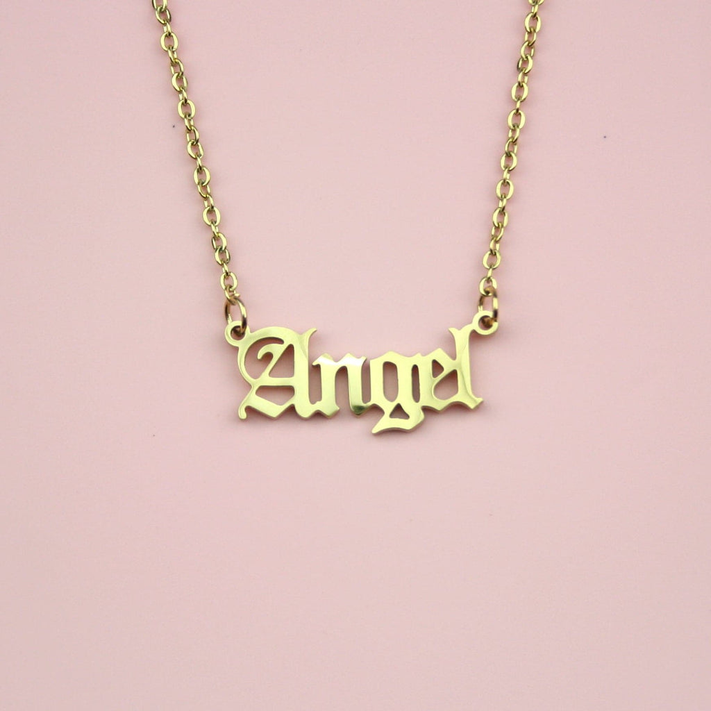 Gold plated stainless steel necklace with the word 'angel' written in a gothic font