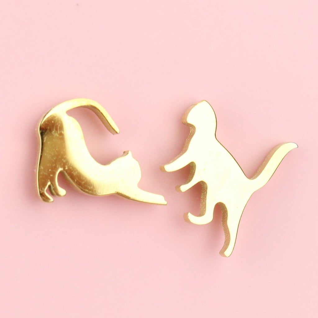 Gold Plated Stainless Steel studs that show two cats stretching