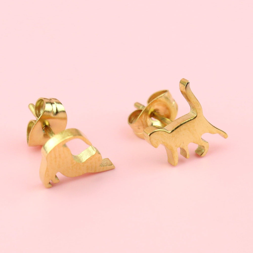 Gold Plated Stainless Steel studs that show two cats stretching with stud bscks