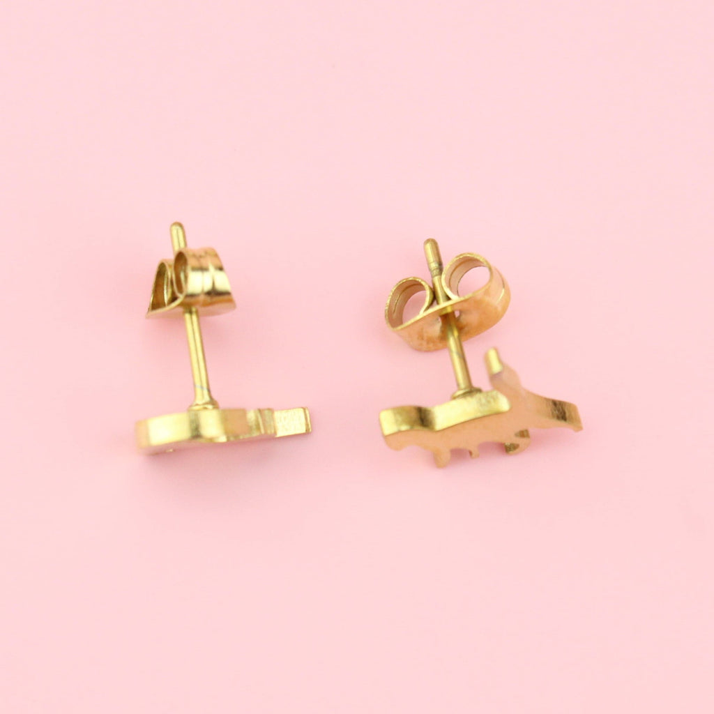 Gold Plated Stainless Steel studs that show two cats stretching with stud backs