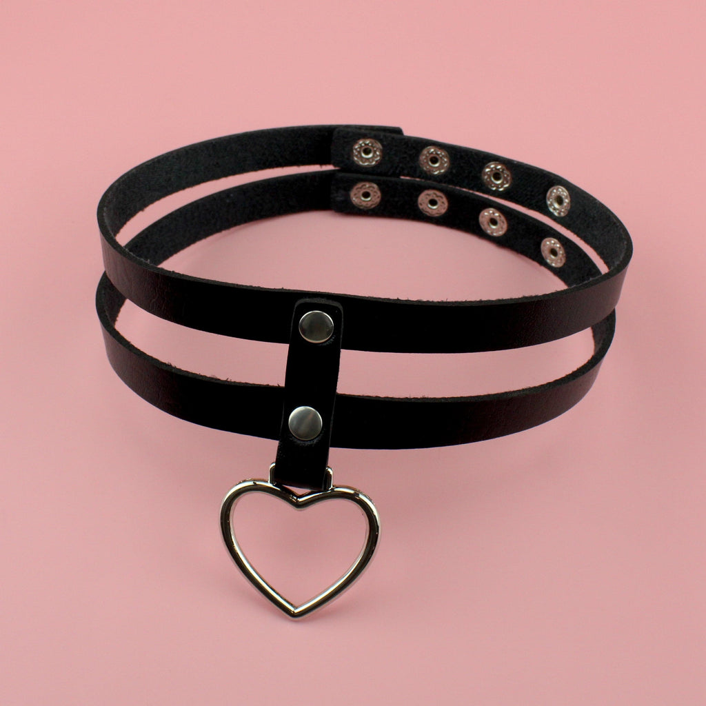 Black pleather heart choker with a double strap and heart pendant