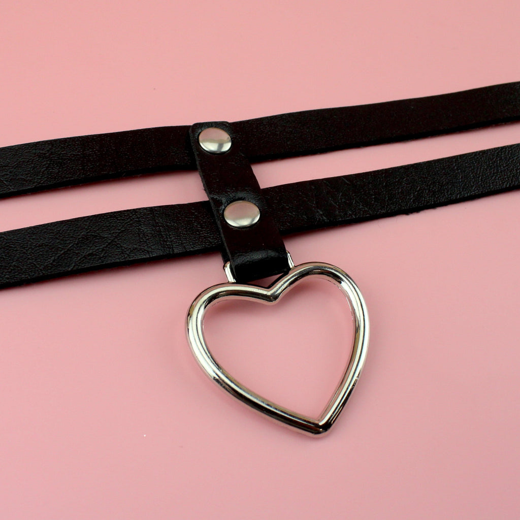 Black pleather heart choker with a double strap and heart pendant