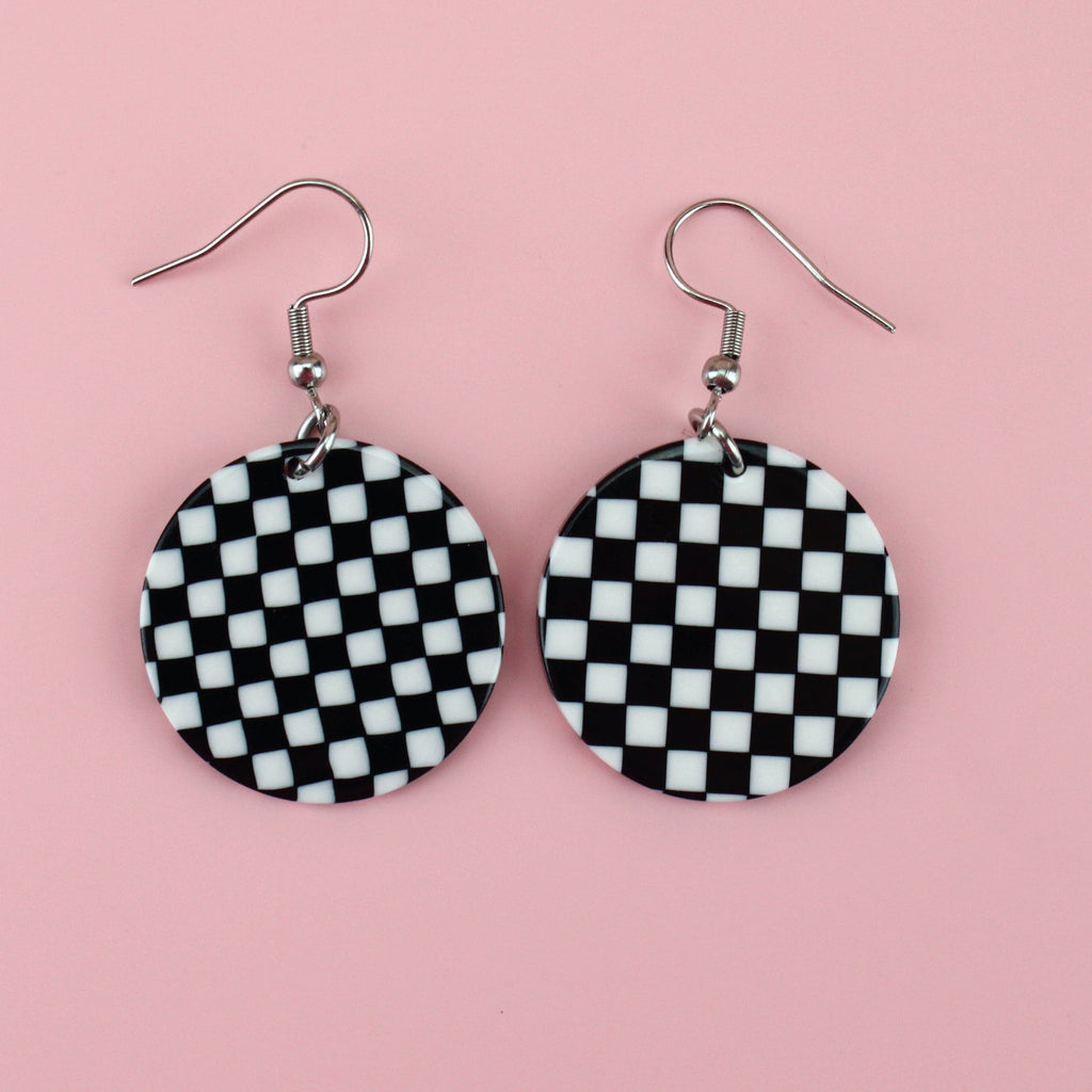 Black & White circular Checkerboard Earrings on stainless steel earwires