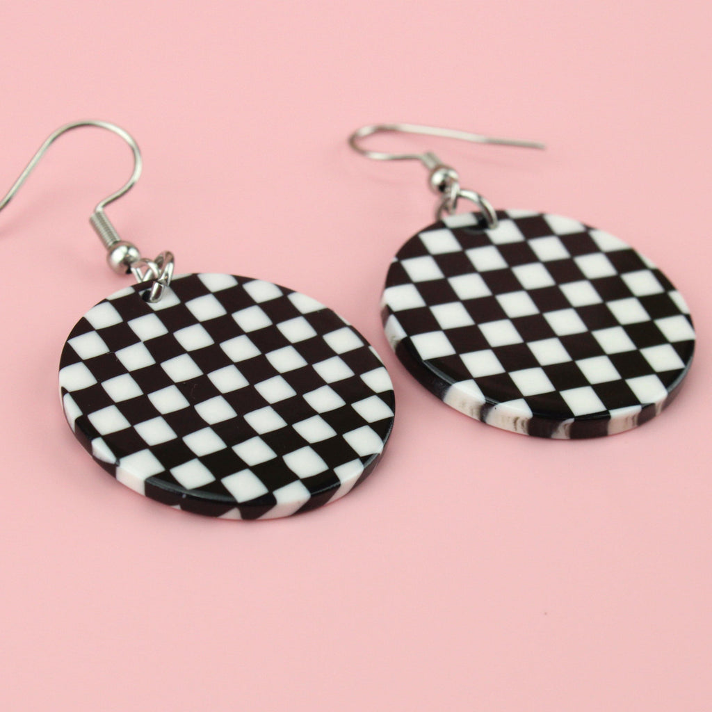 Black & White circular Checkerboard Earrings on stainless steel earwires