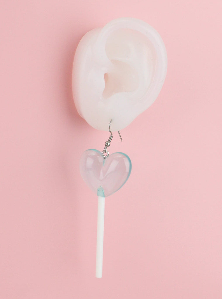 Ear wearing Blue Heart Lolipop Earrings