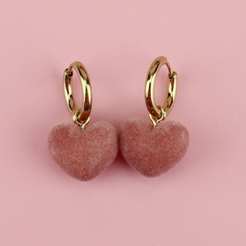 Flock pink heart charms on gold plated stainless steel hoops