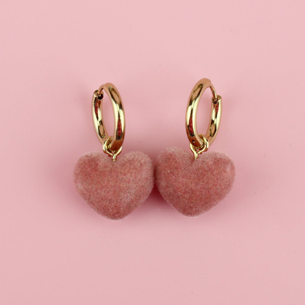 Flock pink heart charms on gold plated stainless steel hoops