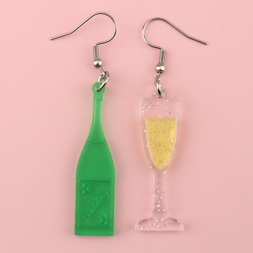 'Bolly' Champagne Bottle & Glass Earrings - Sour Cherry