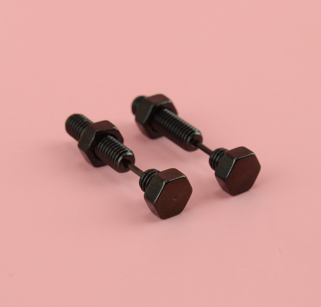 Black Titanium earrings with a screw on bolt design