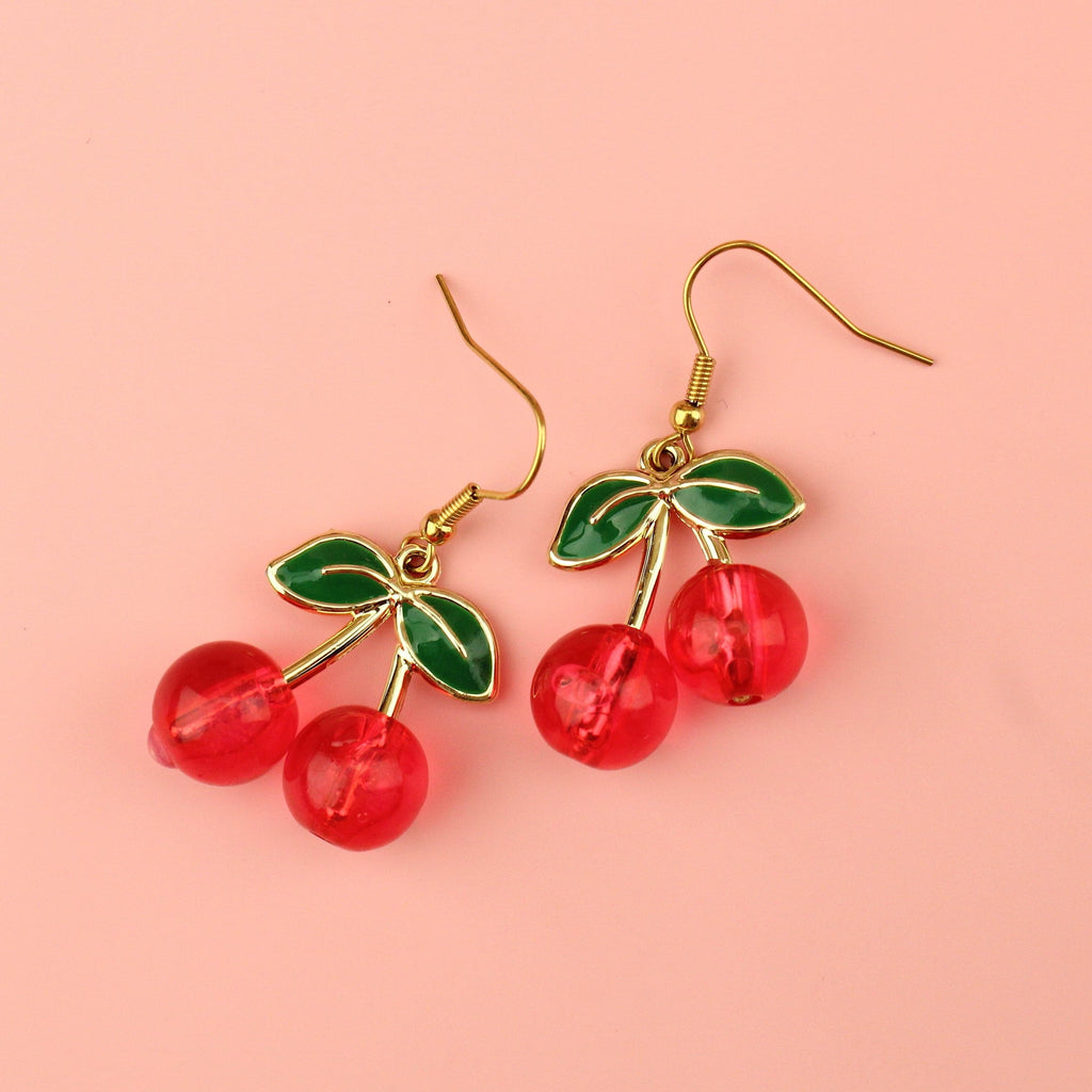 3D cherry charms on gold plated stainless steel earwires