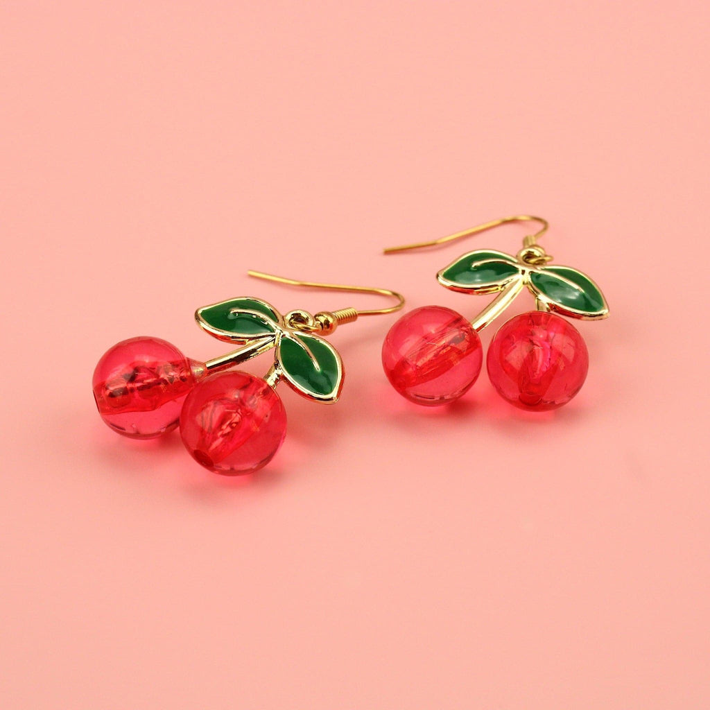 3D cherry charms on gold plated stainless steel earwires