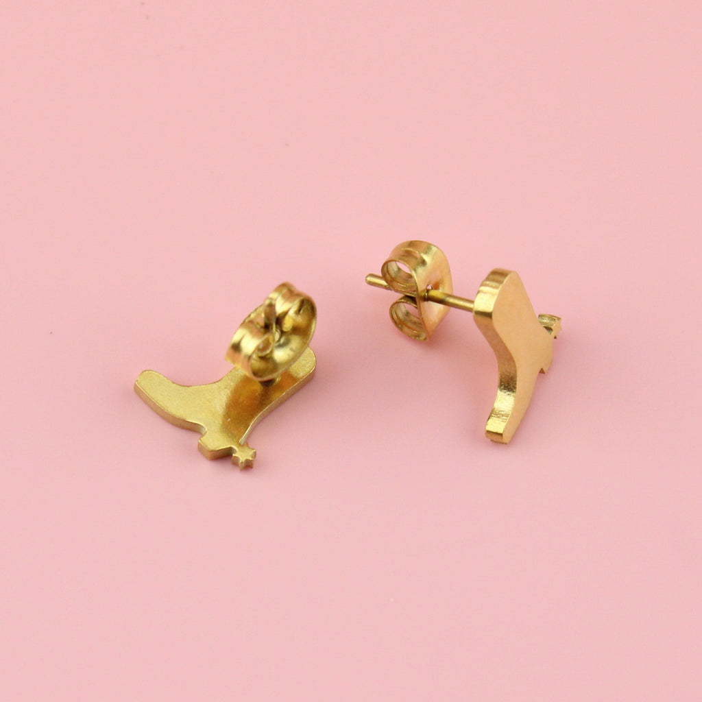 Gold Plated Stainless Steel Cowboy Boot Shaped Stud Earrings featuring stars on the inside of each boot with stud backs