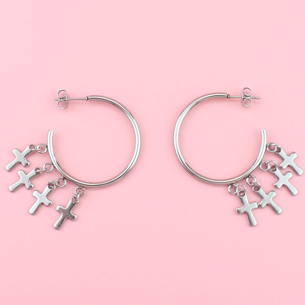 Cross Hoop Stud Earrings - Sour Cherry