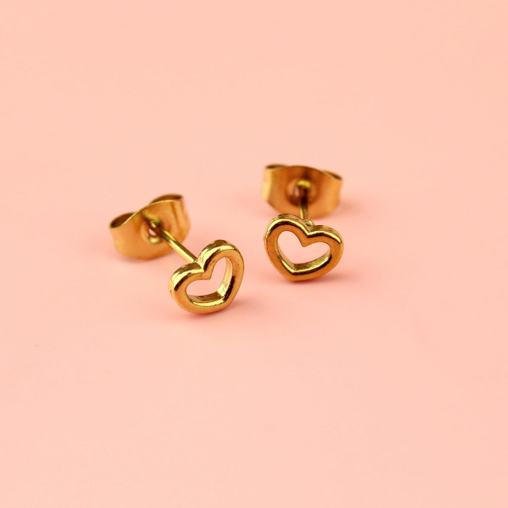 Small gold plated stainless steel cut out heart studs with backs