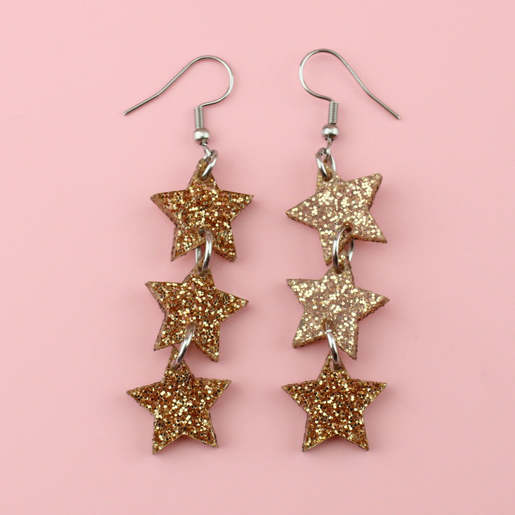 Gold Glitter Star Trio Earrings - Sour Cherry