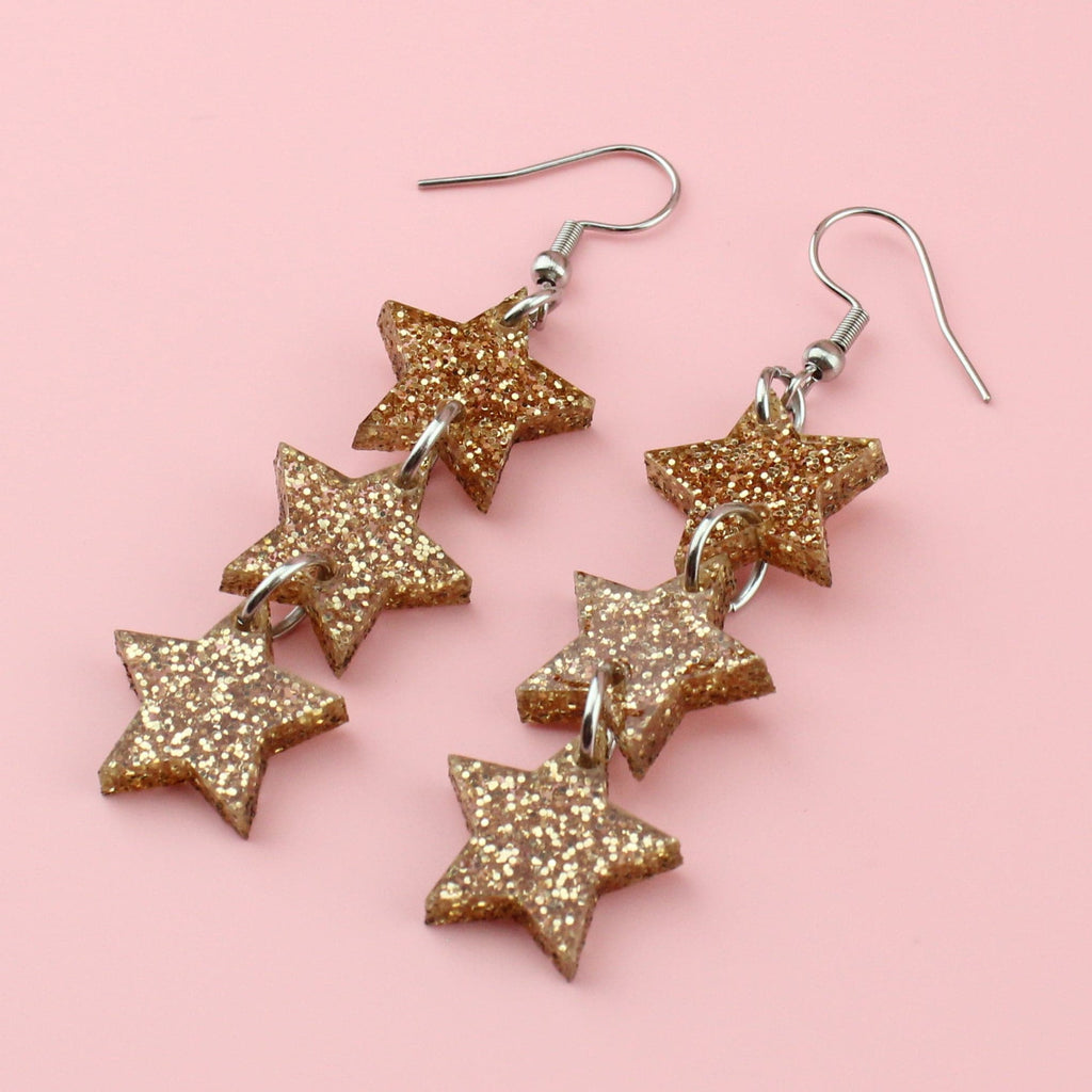 Gold Glitter Star Trio Earrings - Sour Cherry