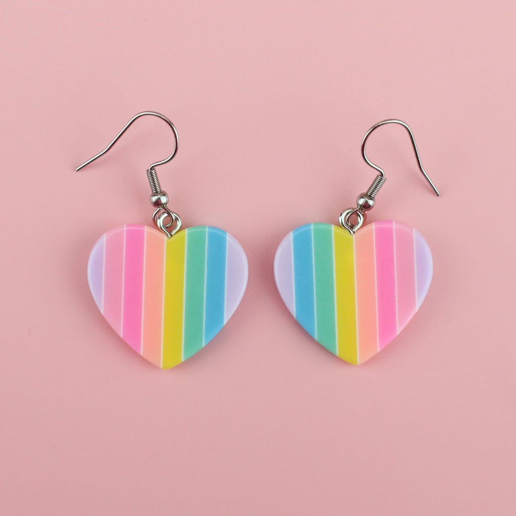 Heart shaped charms on stainless steel ear wires featuring lilac, pink, coral, lime green, turquoise, and sky blue stripes