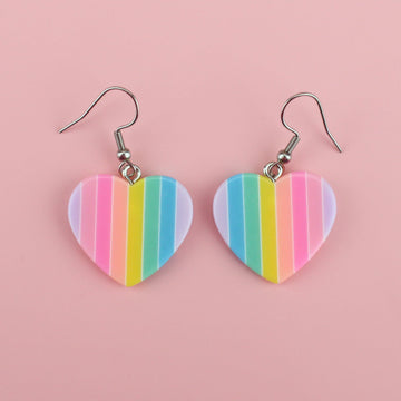 Heart shaped charms on stainless steel ear wires featuring lilac, pink, coral, lime green, turquoise, and sky blue stripes