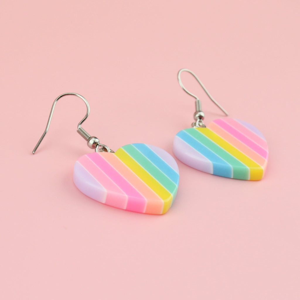 Heart shaped charms on stainless steel ear wires featuring lilac, pink, coral, lime green, turquoise, and sky blue stripes