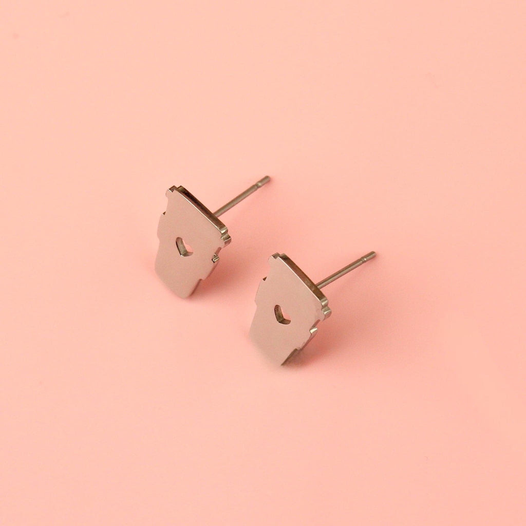 Coffee cup shaped stainless steel studs with a cut out heart in the middle