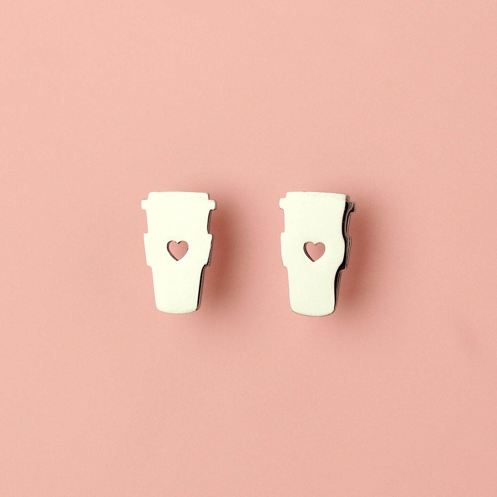 Coffee cup shaped stainless steel studs with a cut out heart in the middle