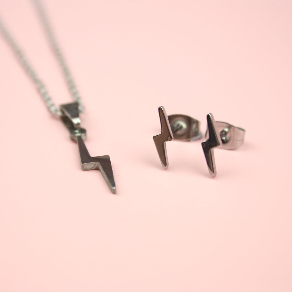 Lightning Bolt Necklace and Stud Earring Set - Sour Cherry