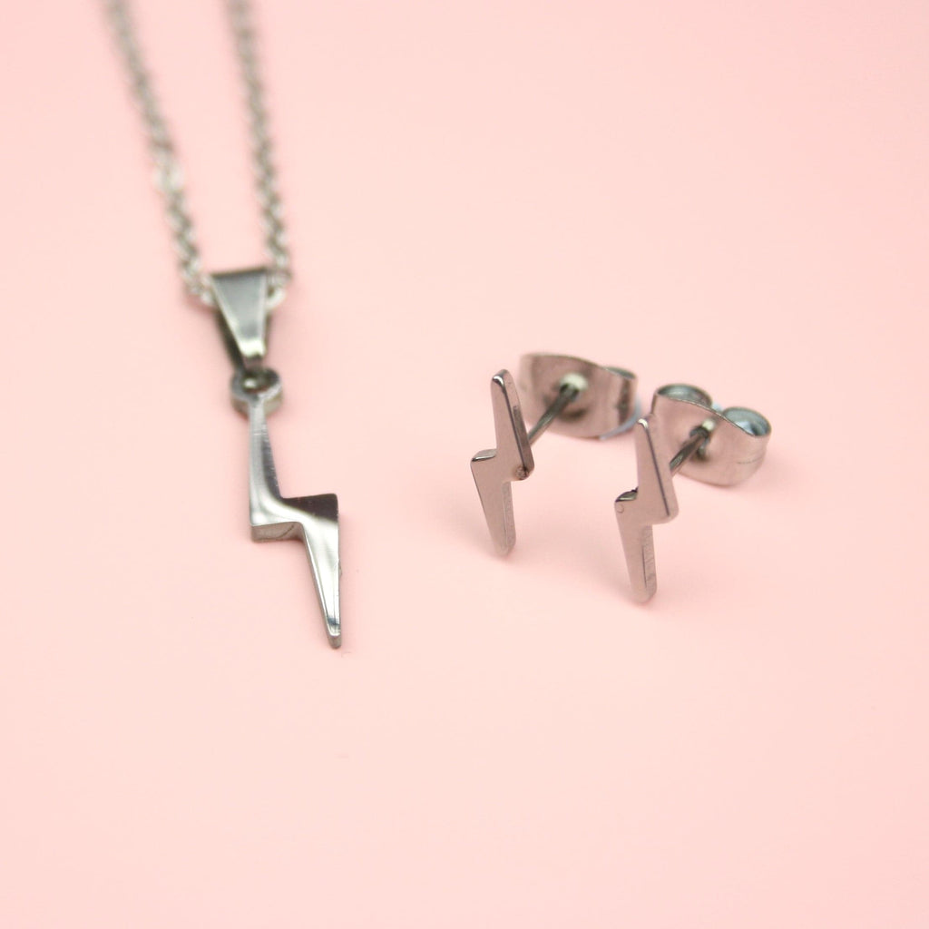 Lightning Bolt Necklace and Stud Earring Set - Sour Cherry