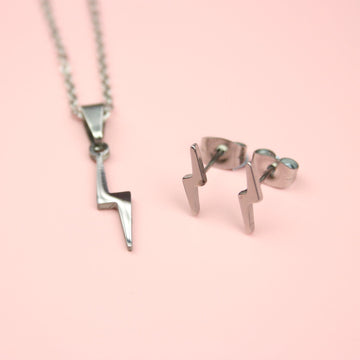 Lightning Bolt Necklace and Stud Earring Set - Sour Cherry