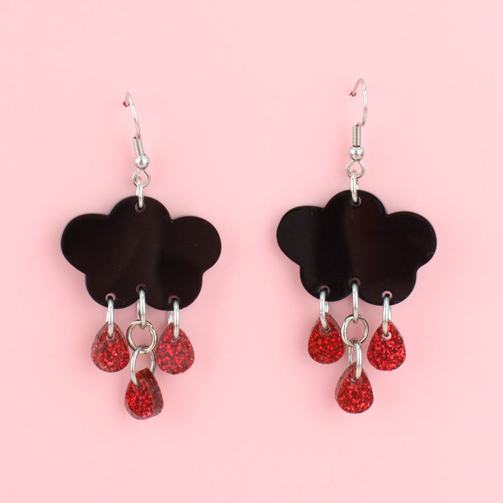 Black perspex clouds with red gliiter blood drip charms on stainless steel earwires