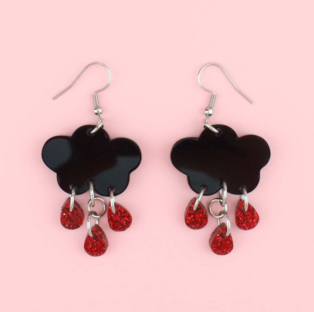 Black perspex clouds with red gliiter blood drip charms on stainless steel earwires