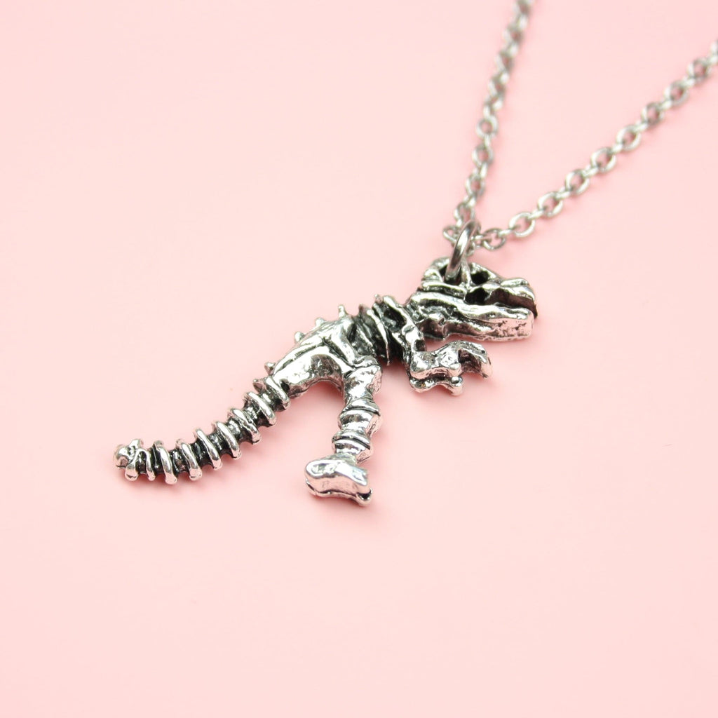 T-Rex Dinosaur Skeleton pendant on a stainless steel chain