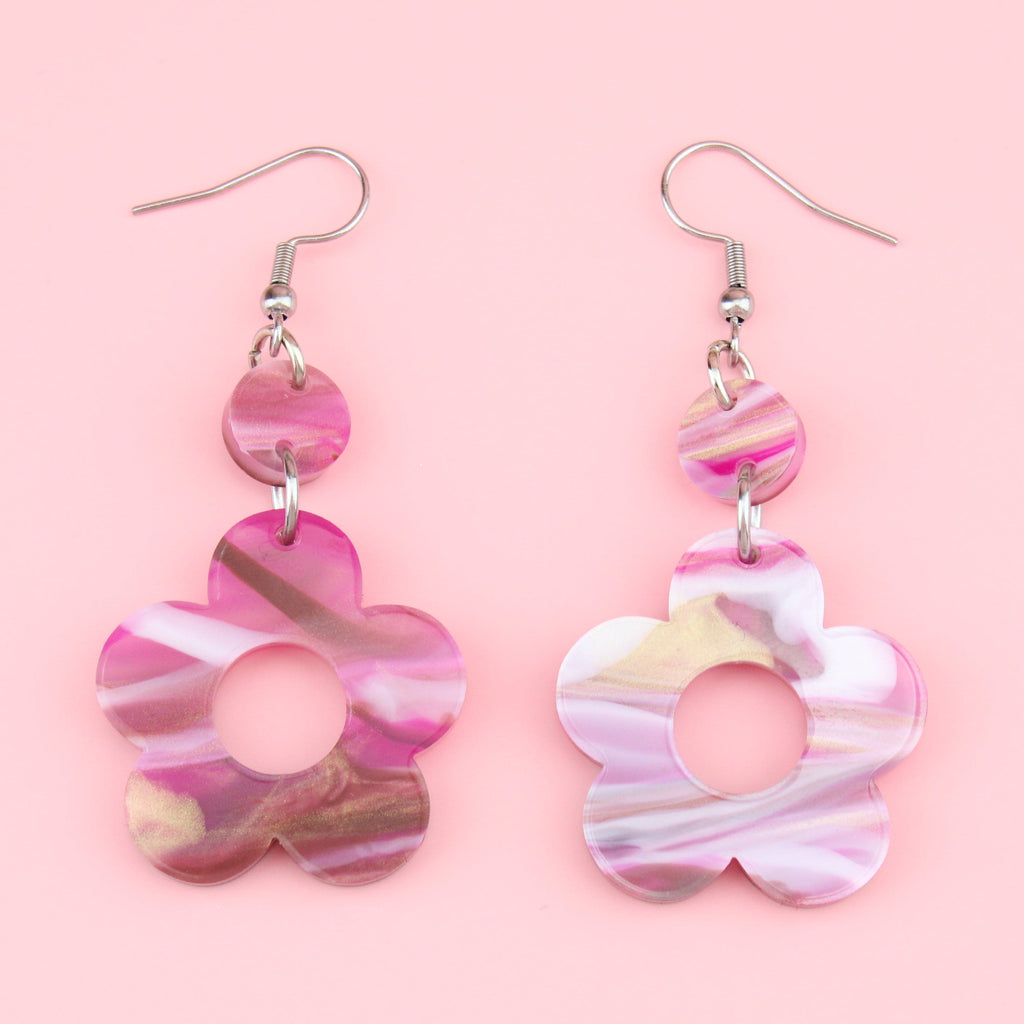 Magenta Marble Flower Earrings with a Cut Out Middle on Stainless Steel Earwires