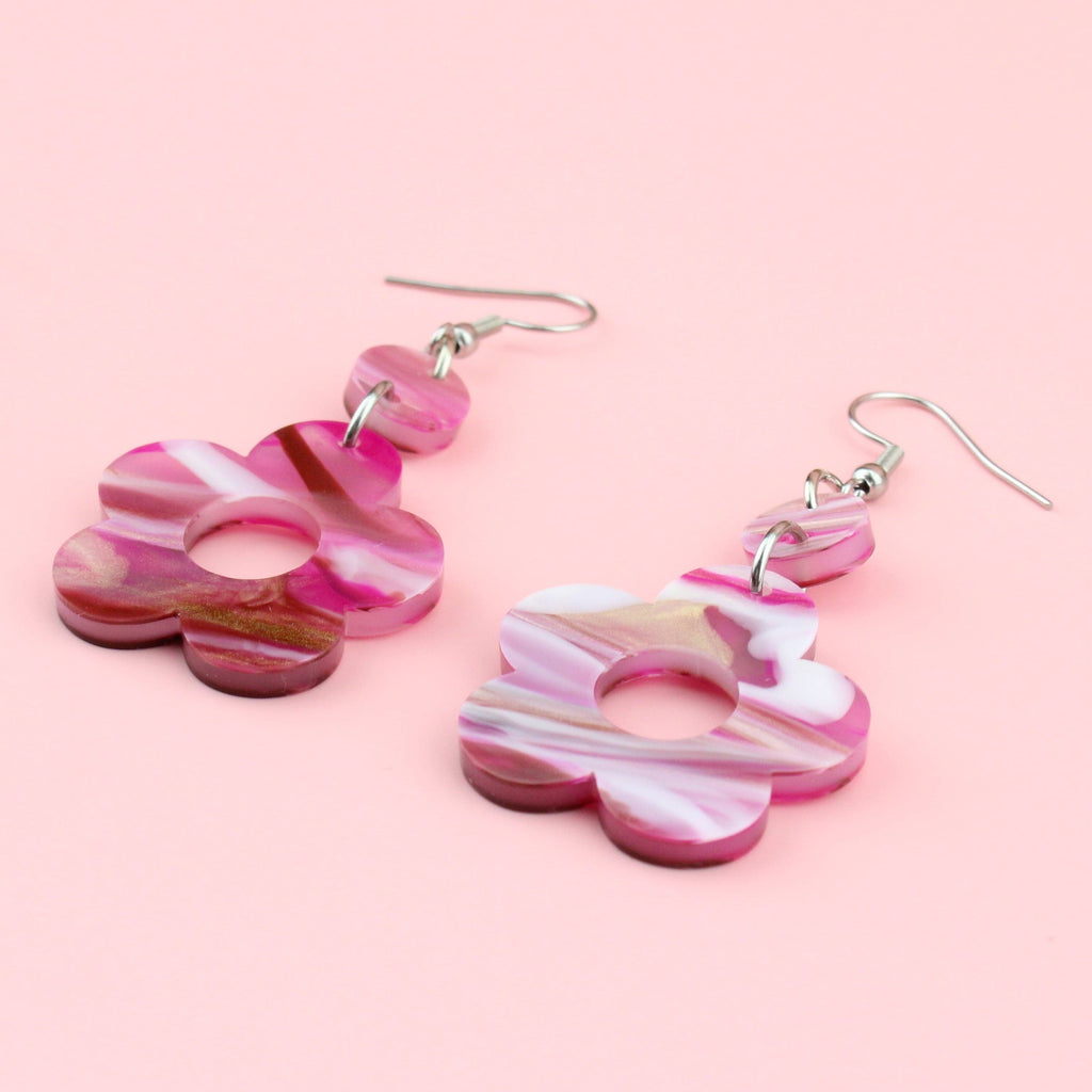 Magenta Marble Flower Earrings with a Cut Out Middle on Stainless Steel Earwires