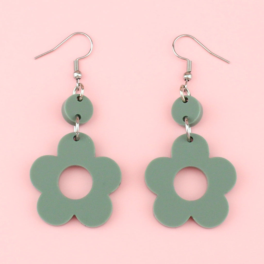 Sage green cut out flower earrings on Stainless Steel earwires