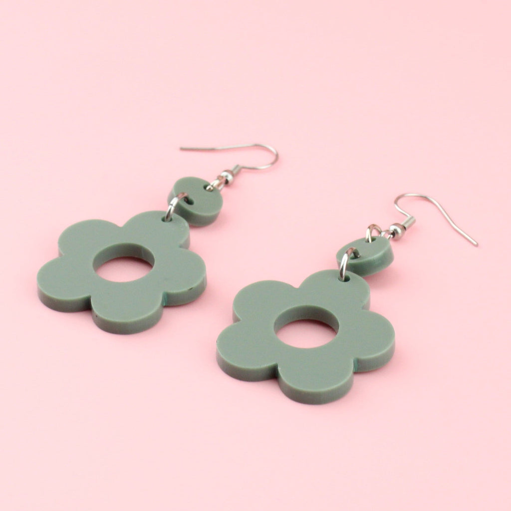 Sage green cut out flower earrings on Stainless Steel earwires