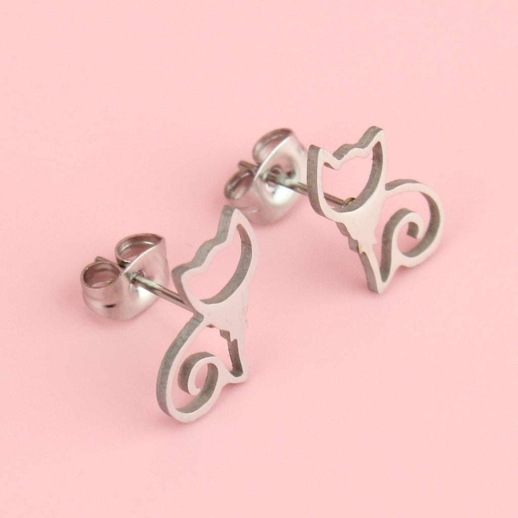 Stainless Steel Cursive Cut Out Cat Earrings
