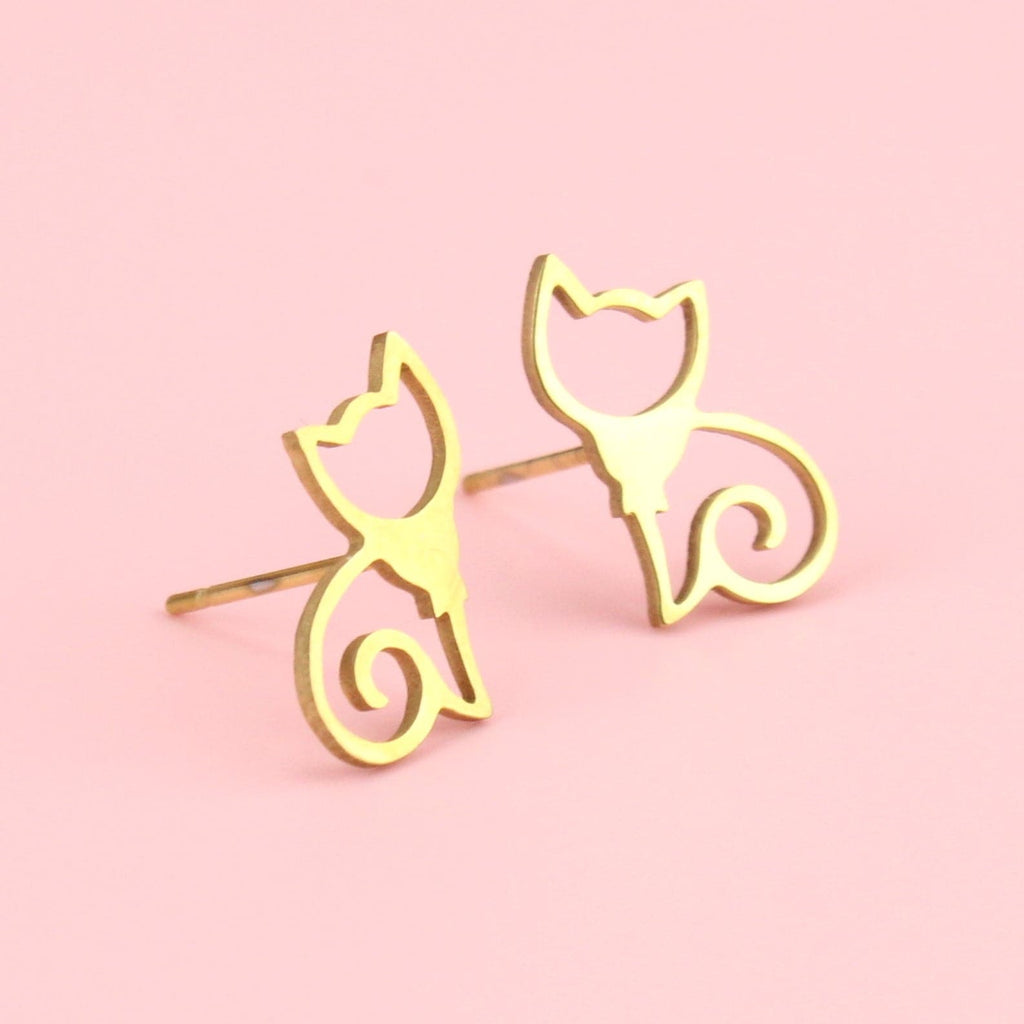 Cursive Cat Stud Earrings (Gold Plated) - Sour Cherry