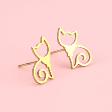 Cursive Cat Stud Earrings (Gold Plated) - Sour Cherry