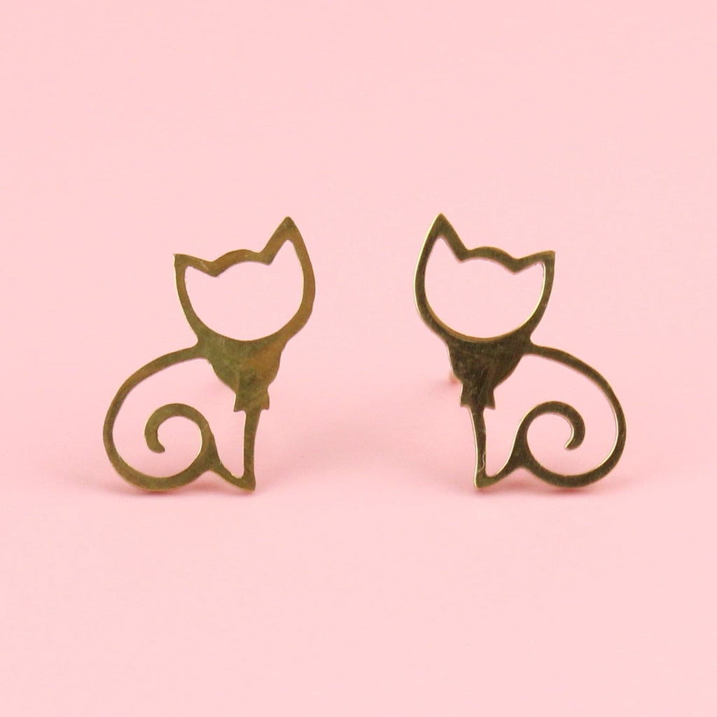 Cursive Cat Stud Earrings (Gold Plated) - Sour Cherry