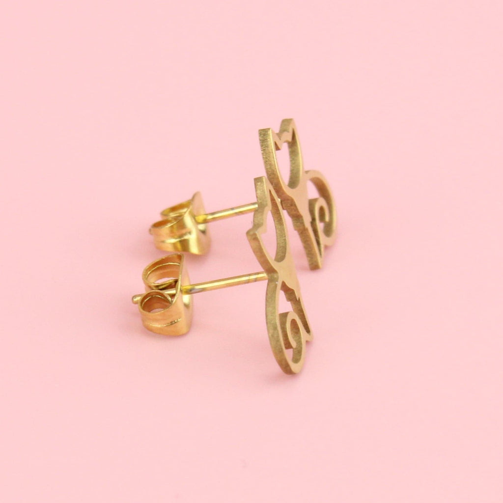 Cursive Cat Stud Earrings (Gold Plated) - Sour Cherry